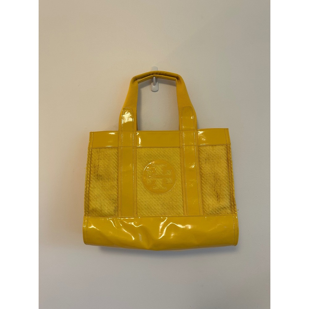 Tory Burch Ella Tote Yellow Patent Leather Woven Straw Butterfly Lining Bag